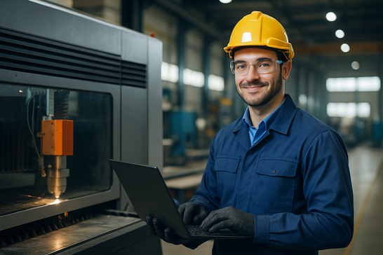 Uomo lavorando su un macchinario mentre contatta freutek tramite e-mail
